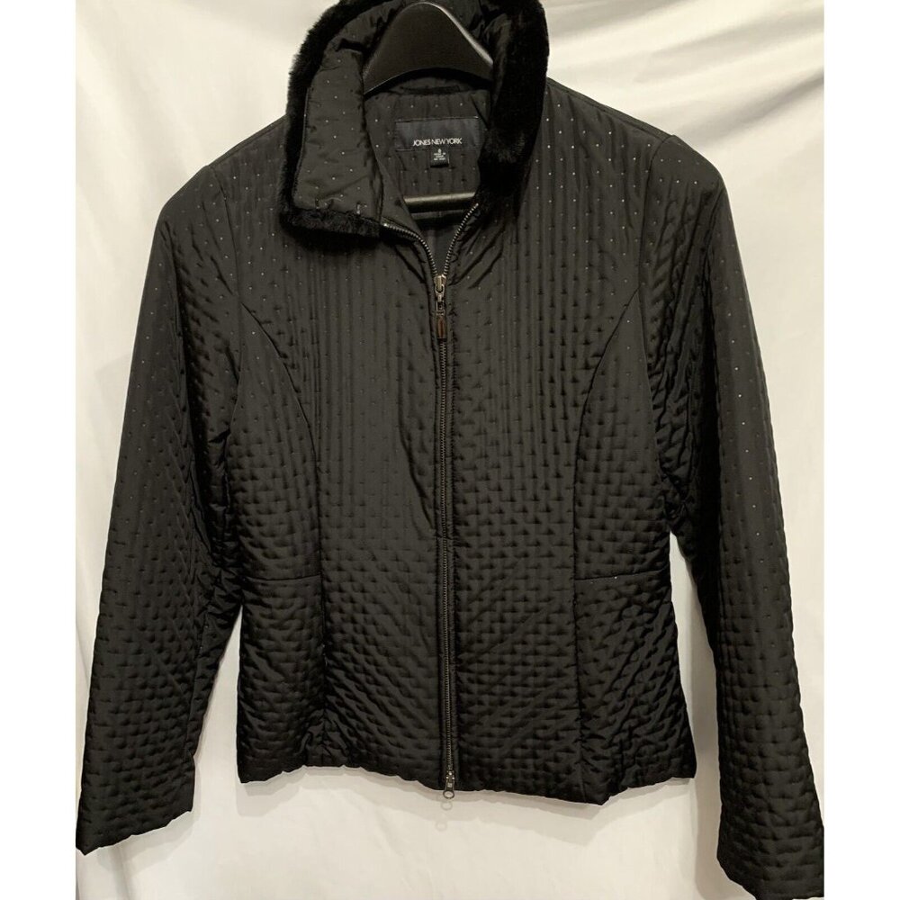 Jones New York Black Quilted Jacket Stand Up Faux Collar Zip Small